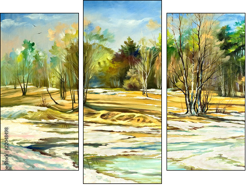 Spring landscape with trees and a snow  - Obraz trzyczęściowy, Tryptyk