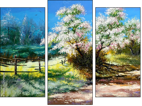 Blossoming bush on rural surburb  - Obraz trzyczęściowy, Tryptyk