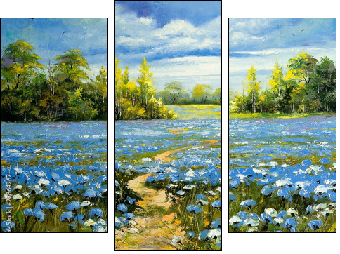 Road through a field with blossoming cornflowers  - Obraz trzyczęściowy, Tryptyk