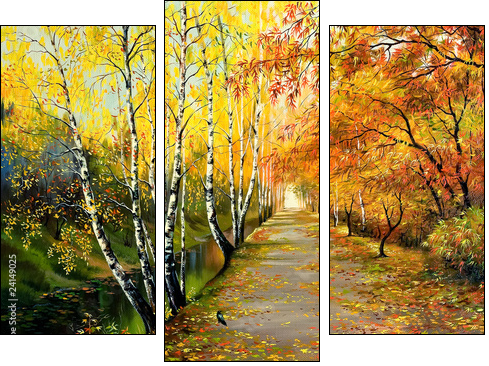 Autumn road along the channel  - Obraz trzyczęściowy, Tryptyk