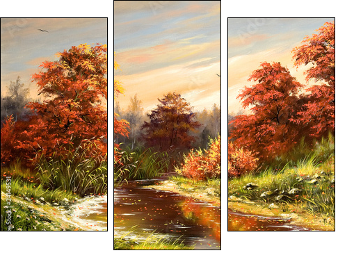 Autumn landscape with the river  - Obraz trzyczęściowy, Tryptyk