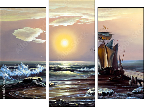 Sailing boat against the coming sun  - Obraz trzyczęściowy, Tryptyk