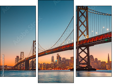San Francisco skyline with Oakland Bay Bridge at sunset, California, USA - Obraz trzyczęściowy, Tryptyk