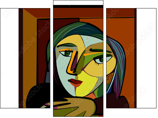 Colorful abstract background, cubism art style, thinking woman - Obraz trzyczęściowy, Tryptyk