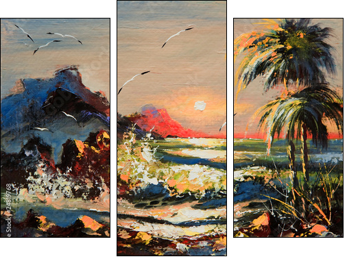 Sea landscape with palm trees and seagulls  - Obraz trzyczęściowy, Tryptyk