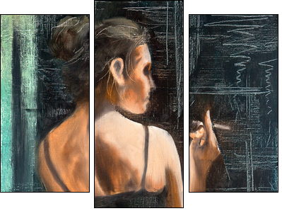 Kobieta ukradkiem paląca - Obraz trzyczęściowy, Tryptyk