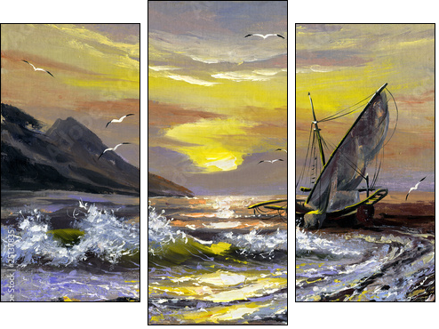 Sailing boat on a decline  - Obraz trzyczęściowy, Tryptyk