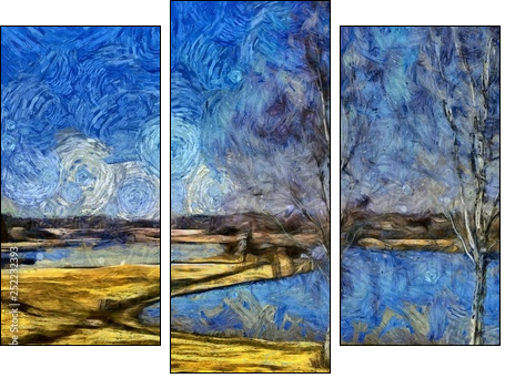 Incredible beauty of nature landscape. Spring season. Impressionism oil painting in Vincent Van Gogh modern style. Creative artistic print for canvas or textile. Wallpaper, poster or postcard design. - Obraz trzyczęściowy, Tryptyk