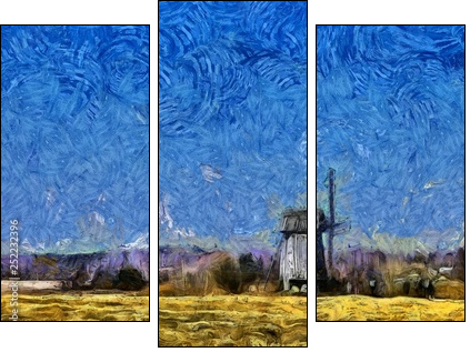 Nature landscape and old historical mill in village. Impressionism oil painting in Vincent Van Gogh modern style. Creative artistic print for canvas or textile. Wallpaper, poster or postcard design. - Obraz trzyczęściowy, Tryptyk