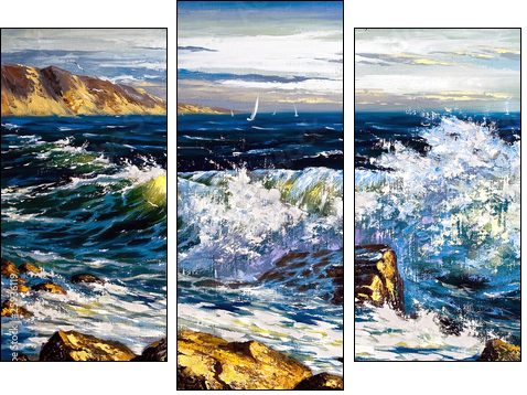 Storm waves on seacoast  - Obraz trzyczęściowy, Tryptyk