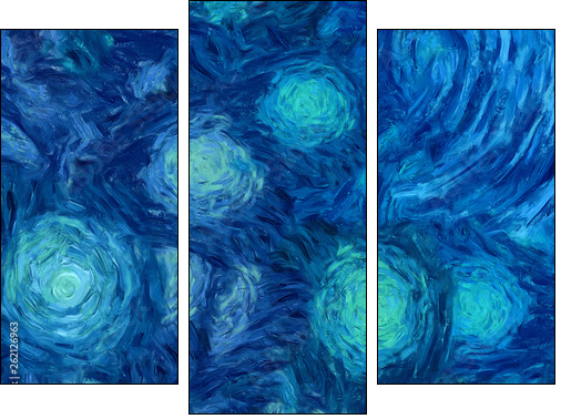 Impressionism wall art print. Vincent Van Gogh style oil painting. Swirl splashes. Surrealism artwork. Abstract artistic background. Real brush strokes on canvas. - Obraz trzyczęściowy, Tryptyk