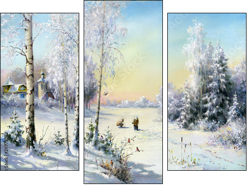 Winter village  - Obraz trzyczęściowy, Tryptyk