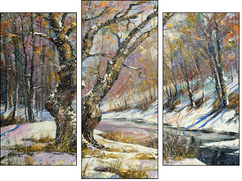 Winter landscape with wood and the river  - Obraz trzyczęściowy, Tryptyk