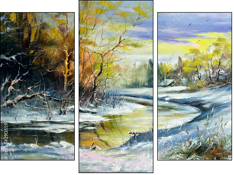 The winter river in village  - Obraz trzyczęściowy, Tryptyk