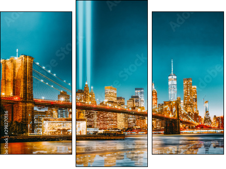 New York night view of the Lower Manhattan and the Brooklyn Bridge across the East River. - Obraz trzyczęściowy, Tryptyk