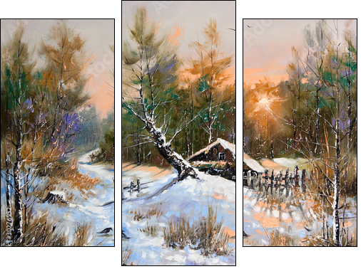 Rural winter landscape  - Obraz trzyczęściowy, Tryptyk