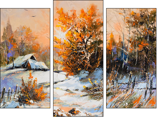 Rural winter landscape  - Obraz trzyczęściowy, Tryptyk
