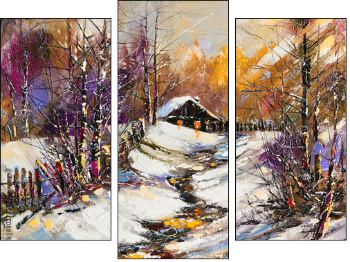 Rural winter landscape  - Obraz trzyczęściowy, Tryptyk