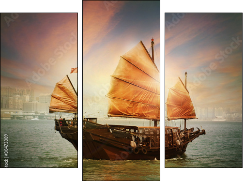 Hong Kong junk boat  - Obraz trzyczęściowy, Tryptyk