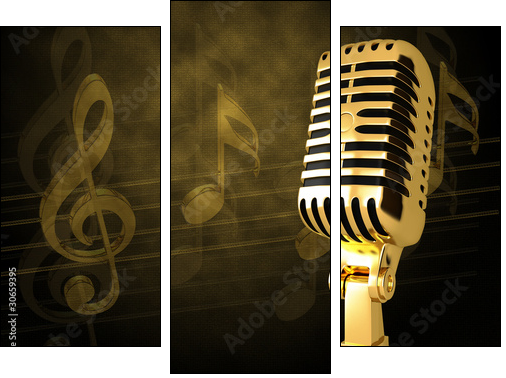 Gold vintage microphon  - Obraz trzyczęściowy, Tryptyk