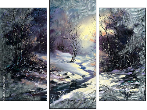 Landscape with winter wood small river  - Obraz trzyczęściowy, Tryptyk