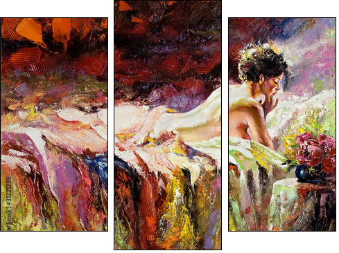 The naked girl laying on a bed  - Obraz trzyczęściowy, Tryptyk