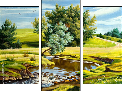 Summer landscape with the river  - Obraz trzyczęściowy, Tryptyk
