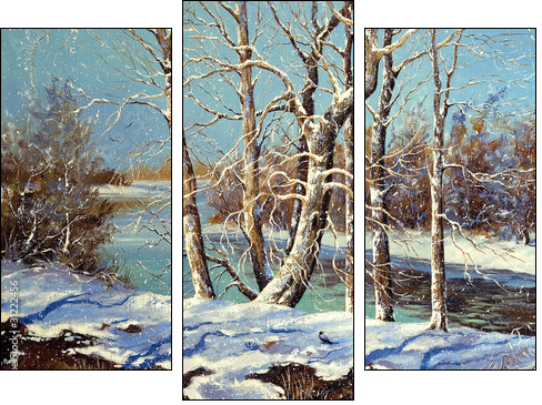 Winter landscape on the bank of the river  - Obraz trzyczęściowy, Tryptyk