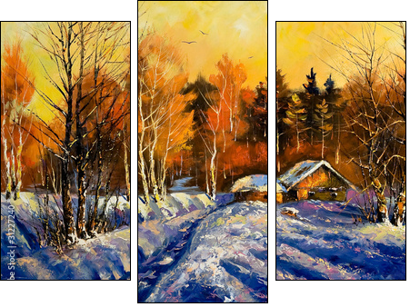 Evening in winter village  - Obraz trzyczęściowy, Tryptyk