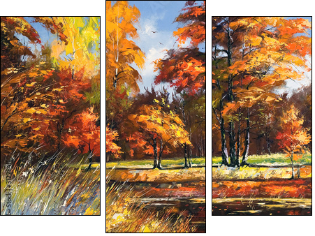 Autumn landscape on the bank of the river  - Obraz trzyczęściowy, Tryptyk