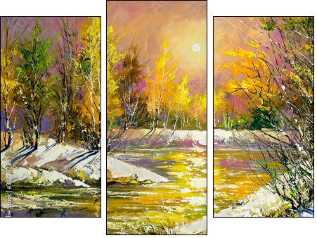 Autumn landscape on the bank of the river  - Obraz trzyczęściowy, Tryptyk