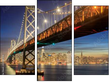 Western Span of San Francisco-Oakland Bay Bridge and San Francisco Waterfront in Blue Hour. Shot from Yerba Buena Island, San Francisco, California, USA. - Obraz trzyczęściowy, Tryptyk