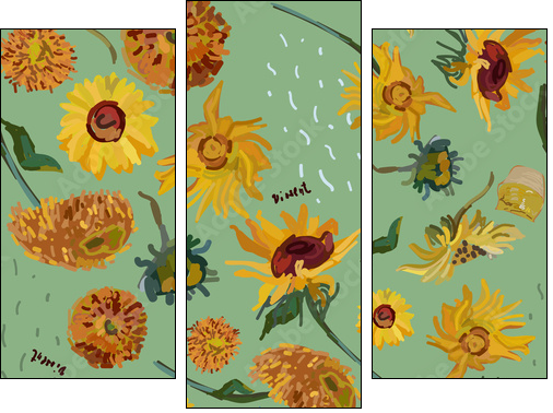 Sunflower flowers on a background of sea green. Vector illustration based on the painting of Van Gogh. - Obraz trzyczęściowy, Tryptyk