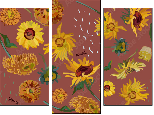 Sunflower flowers on a background of sea green. Vector illustration based on the painting of Van Gogh. - Obraz trzyczęściowy, Tryptyk
