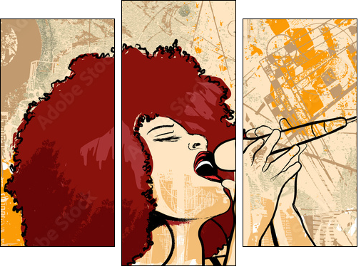jazz singer on grunge background  - Obraz trzyczęściowy, Tryptyk