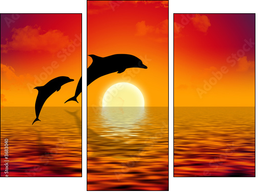 Skaczące delfiny na tle zachodzącego słońca
 - Obraz trzyczęściowy, Tryptyk