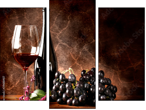 Vino rosso con grappolo di uva nera  - Obraz trzyczęściowy, Tryptyk