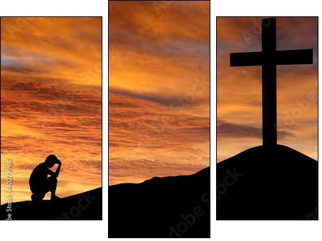 Silhouette of a man sitting regretting his sins  - Obraz trzyczęściowy, Tryptyk