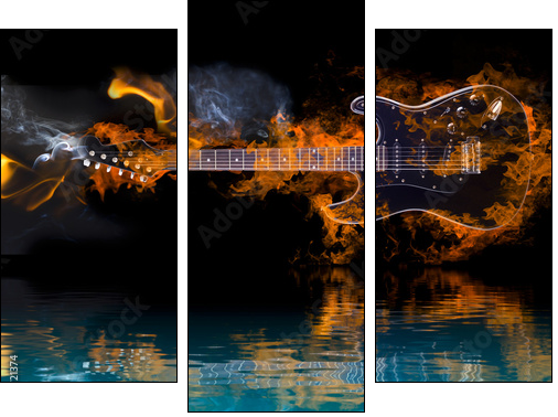 Burning Electric Guitar with reflection in water  - Obraz trzyczęściowy, Tryptyk
