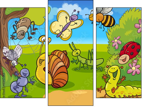 cartoon insects on the meadow  - Obraz trzyczęściowy, Tryptyk