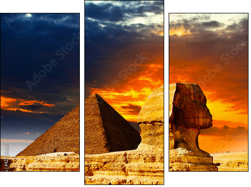 Great Sphinx and the Pyramids at sunset  - Obraz trzyczęściowy, Tryptyk