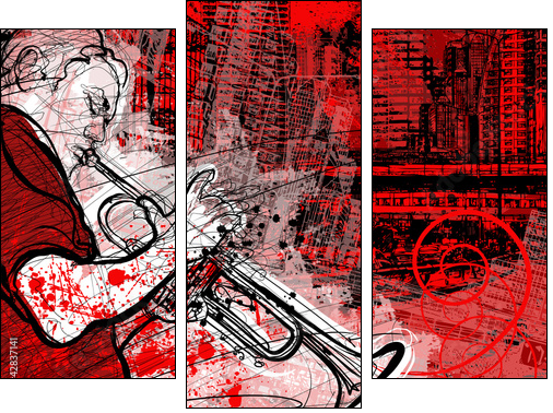 trumpeter on a grunge cityscape background  - Obraz trzyczęściowy, Tryptyk