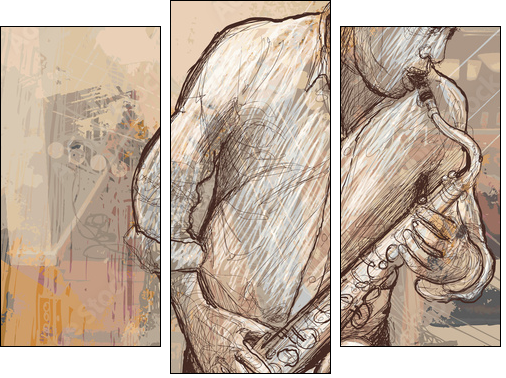 saxophonist playing saxophone on grunge background  - Obraz trzyczęściowy, Tryptyk