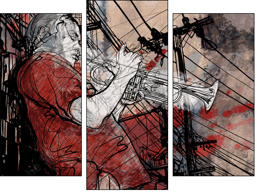 trumpeter on a grunge cityscape background  - Obraz trzyczęściowy, Tryptyk