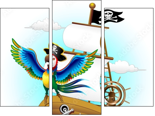 Pappagallo su Nave Pirata Cartoon Pirate Macaw Parrot on Ship  - Obraz trzyczęściowy, Tryptyk