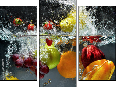 Fruit and vegetables splash into water  - Obraz trzyczęściowy, Tryptyk