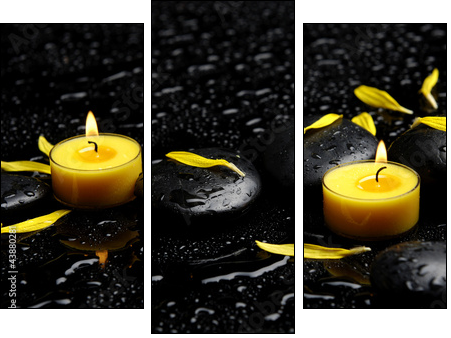 Spa concept-two candle with yellow flower petals on pebbles  - Obraz trzyczęściowy, Tryptyk