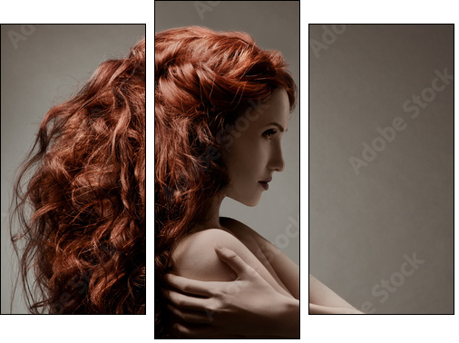 Beautiful woman with curly hairstyle against gray background  - Obraz trzyczęściowy, Tryptyk