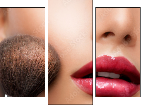 Make-up closeup. Cosmetic Powder Brush. Perfect Skin  - Obraz trzyczęściowy, Tryptyk