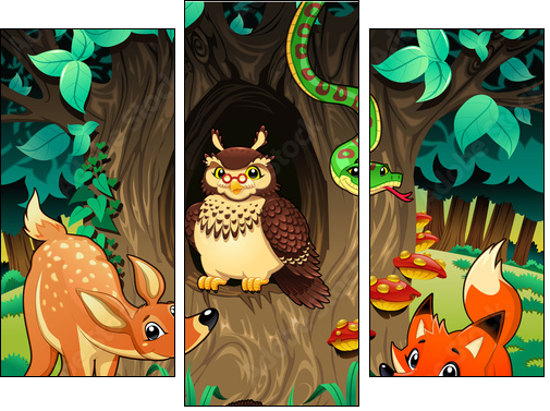 Animals in the wood. Vector illustration.  - Obraz trzyczęściowy, Tryptyk